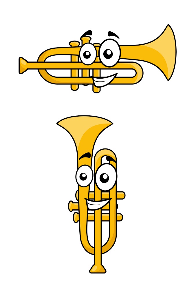 Two variations of a brass cartoon trumpet with a happy smiley face, one vertical and one horizontal, for music design