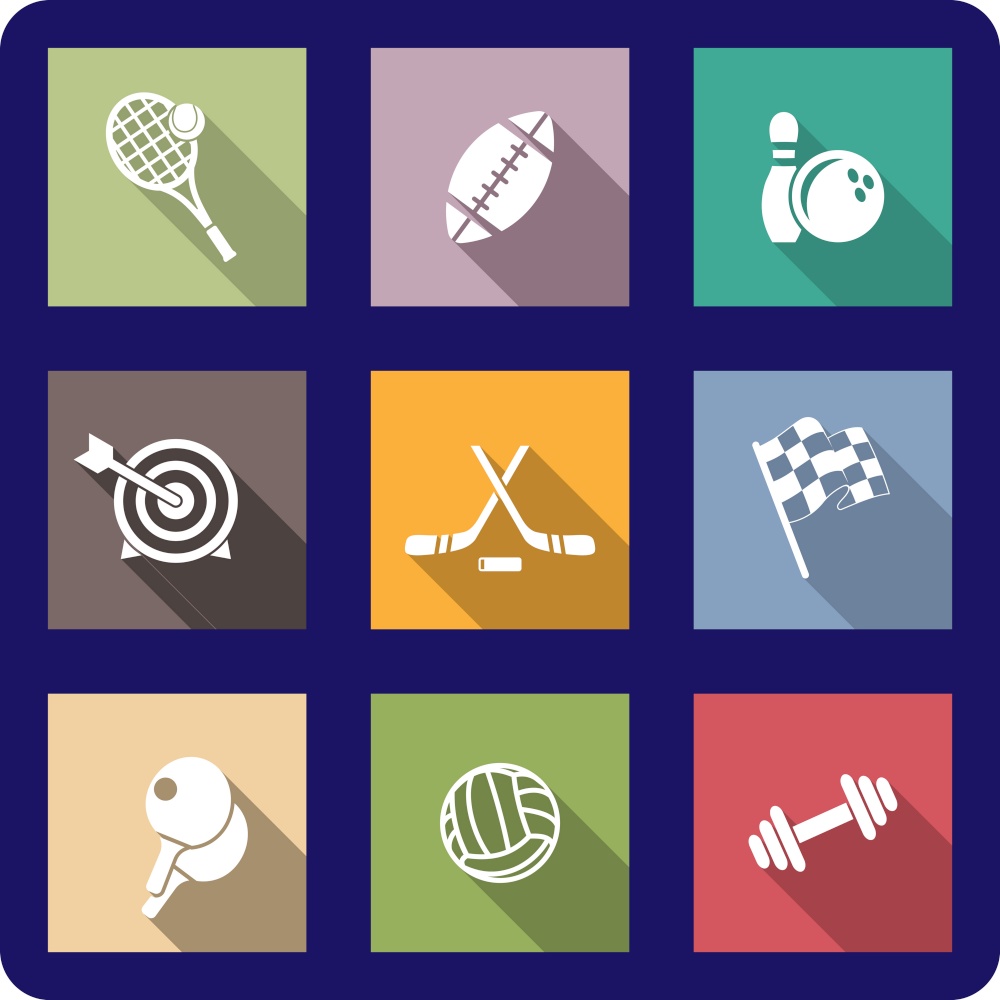 Colorful flat sporting icons depicting tennis, rugby, football, ice hockey, bowling, archery, motor sport, table tennis, weights and volleyball
