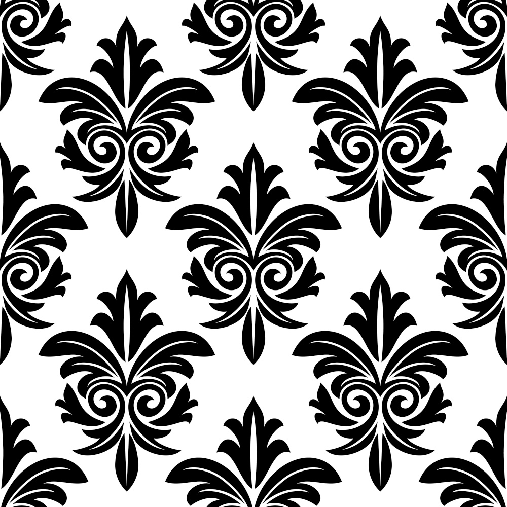 Bold foliate arabesque motif in black and white in a repeat seamless pattern suitable for damask style wallpaper and textile design
