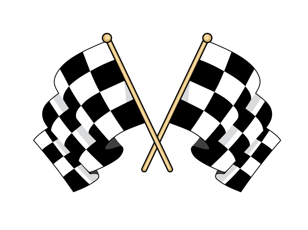 Crossed black and white flags used in motor sport to signal finishing successful competitors waving in the wind with furled fabric