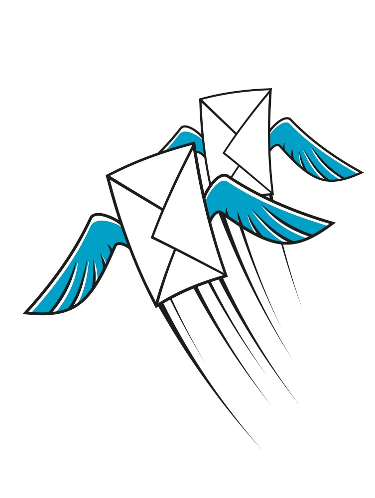 Airmail postage icon with two winged envelopes flying through the air at speed with motion trails, cartoon sketch