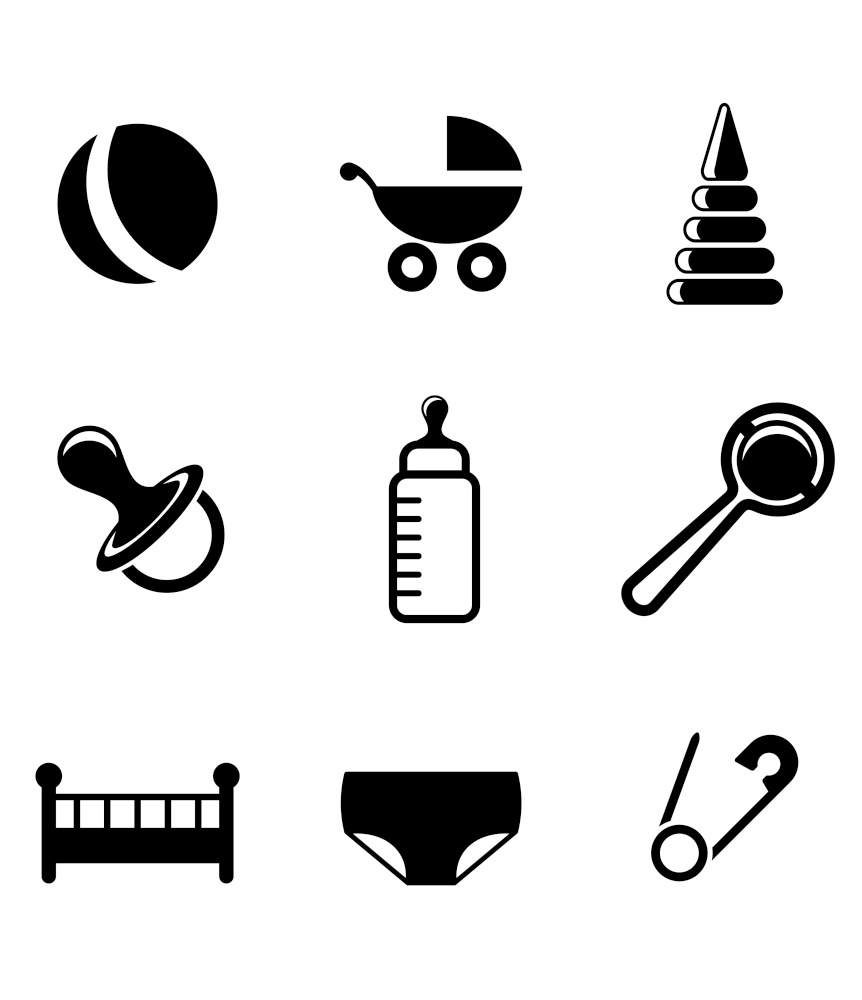 Baby and childish icons with a pram, ball, bottle, dummy or pacifier, crib, nappy, safety pin and toys in a black and white