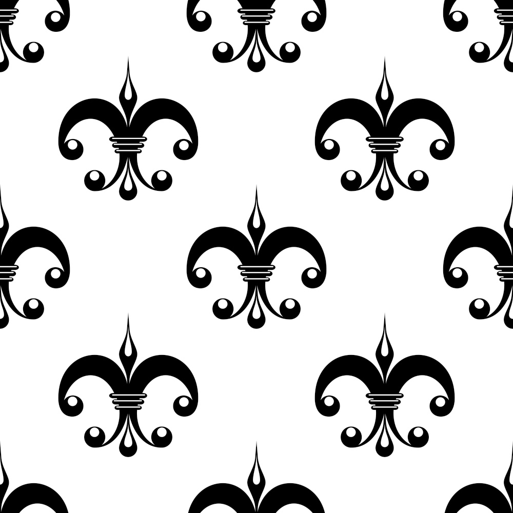 Vintage fleur de lys pattern in black and white with unusual ornate motifs arranged in a seamless pattern suitable for tiles, wallpaper and fabric, square format