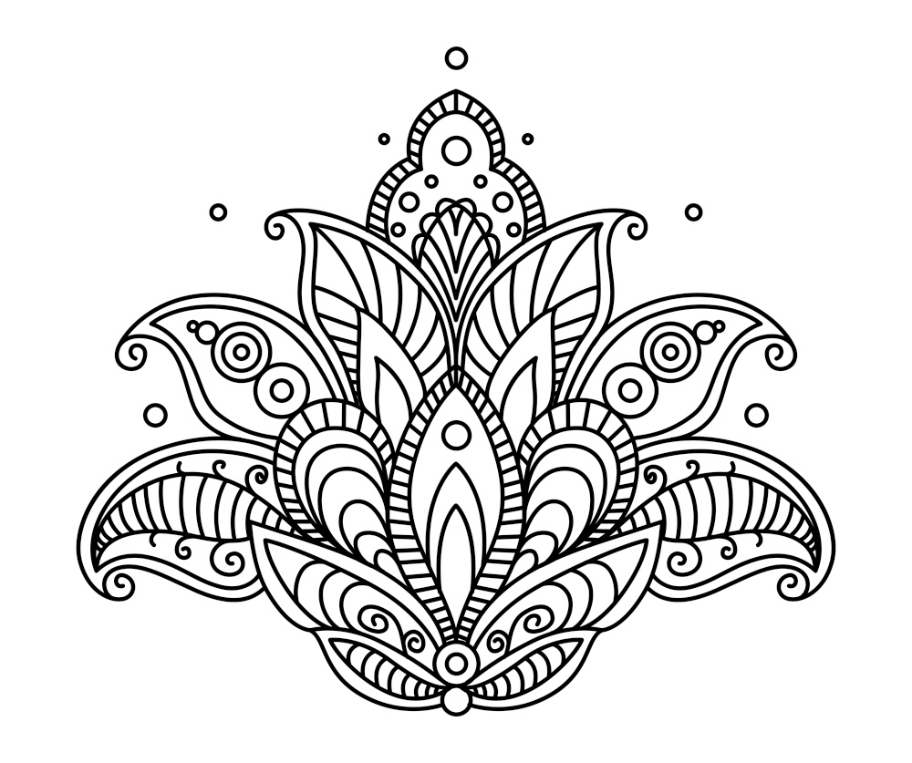 Pretty ornate paisley flower design element in a dainty black calligraphic line drawing