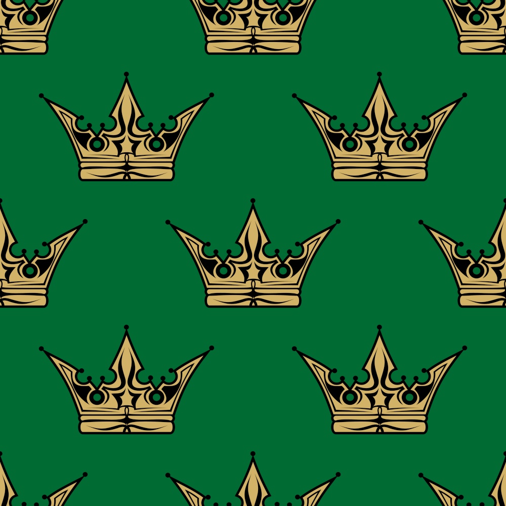 Gold crown on a green background in a seamless pattern themed for royalty or heraldry in square format suitable for wallpaper design. Gold crown on green in a seamless pattern