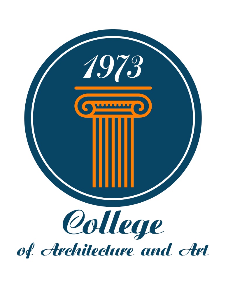 College of Architecture and Art emblem with the text below a circular icon showing a Greek or Roman column with a caoital and the date 1973. College of Architecture and Art emblem