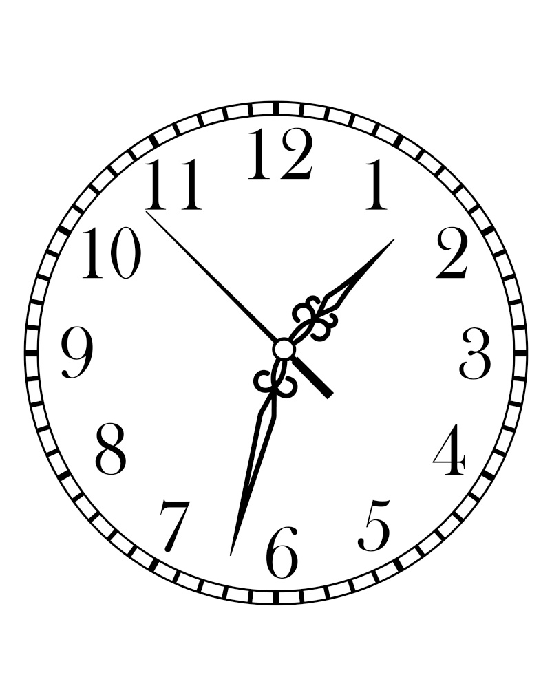 Dainty line drawing of a round dial clock face with Arabic numerals and hour, minute and second hands, isolated on white background. Dainty line drawing of a clock face
