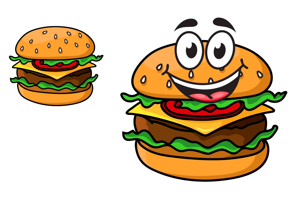 Cartoon cheeseburger with a laughing face with a beef patty, cheese, lettuce and tomato on a sesame bun, and a second version with no face, isolated on white. Cartoon cheeseburger with a laughing face
