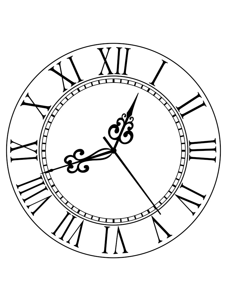 Old black and white clock face with Roman numerals and ornate vintage scrolled hands