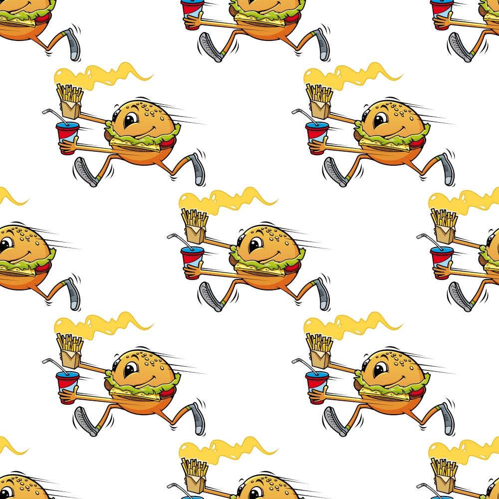 Cute seamless pattern of a running hamburger or cheeseburger with a beaming smile carrying a soda and French fries in square format