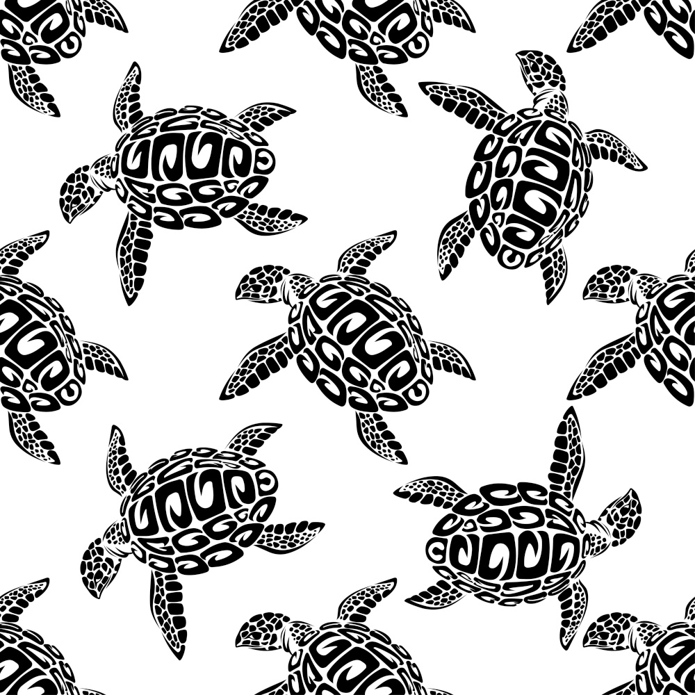 Black and white illustration of swimming marine turtles in a seamless background pattern in square format suitable foe wallpaper or textile