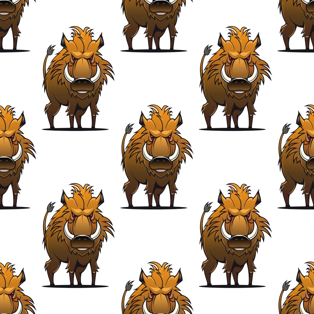 Fierce angry wild boar or warthog seamless pattern standing glaring at the viewer with its sharp tusks, repeat motif in square format