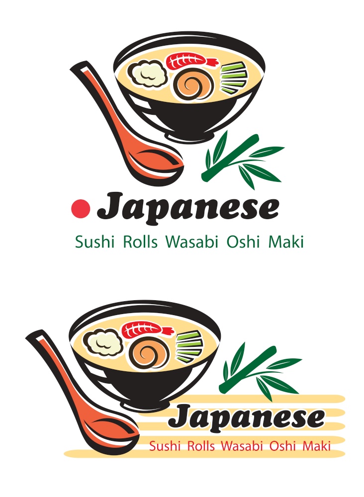 Japanese cuisine with a bowl of soup containing shrimp and sushi rolls with the text Japanese - Sushi Rolls Wasabi Osh Maki below for restaurant design