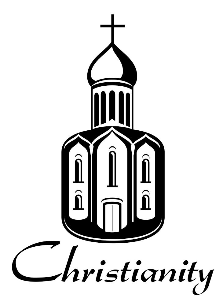 Black and white Christianity icon depicting the exterior of a church with a steeple or bell tower, onion dome and cross with the word - Christianity below. Black and white vector Christianity icon