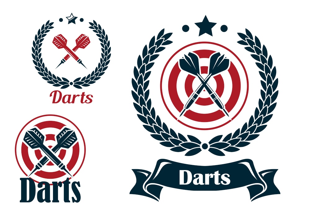 Three different darts emblems or badges with a set of crossed darts with a dart board or laurel wreath and text below - Darts - one in a ribbon banner. Three different darts emblems or badges