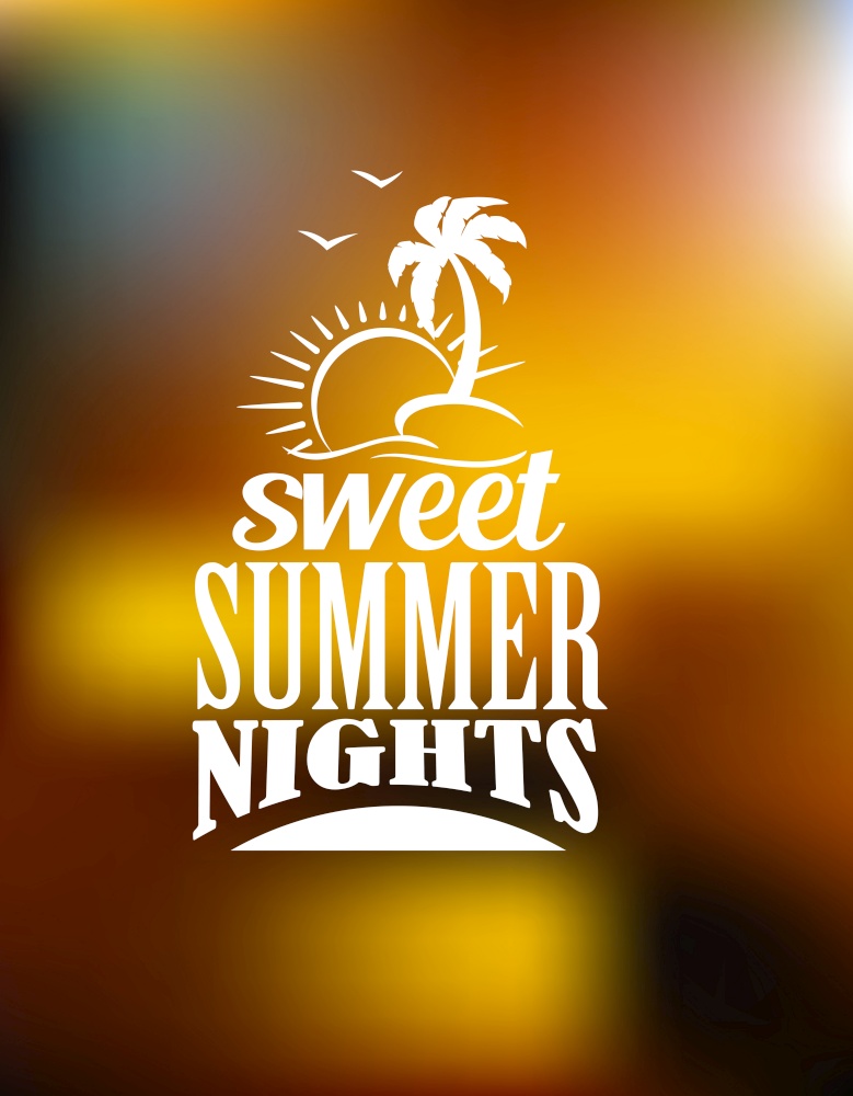 Sweet Summer Nights poster or banner design on a muted soft brown and gold background with the text in white with a palm tree, seagulls and sun over waves. Sweet Summer Nights