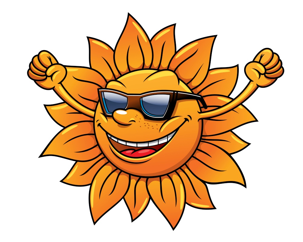 Cute cartoon fun loving tropical sun in sunglasses smiling, cheering and waving its arms, isolated on white. Fun loving tropical sun in sunglasses
