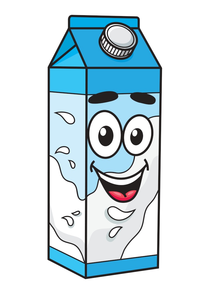 Happy cool fresh blue and white milk container with a smiling face, isolated on white. Happy cool fresh milk container or carton