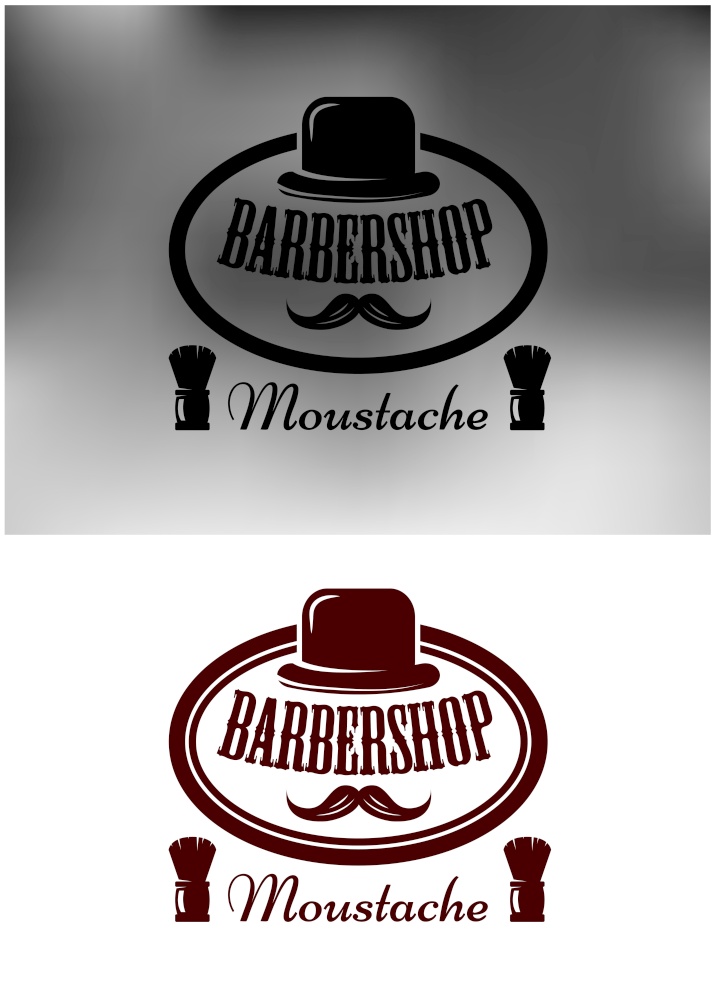 Classy Barber Shop icon, emblem or label with an oval frame with a vintage bowler hat and moustache and the words Barber Shop with Moustache below with shaving brushes. Classy Barber Shop icon, emblem or label