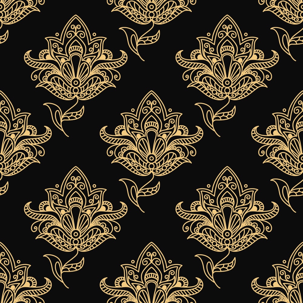 Yellow colored Paisley seamless floral pattern in Persian style for wallpaper, tiles and fabric design isolated over black colored background in square format. Paisley seamless floral pattern
