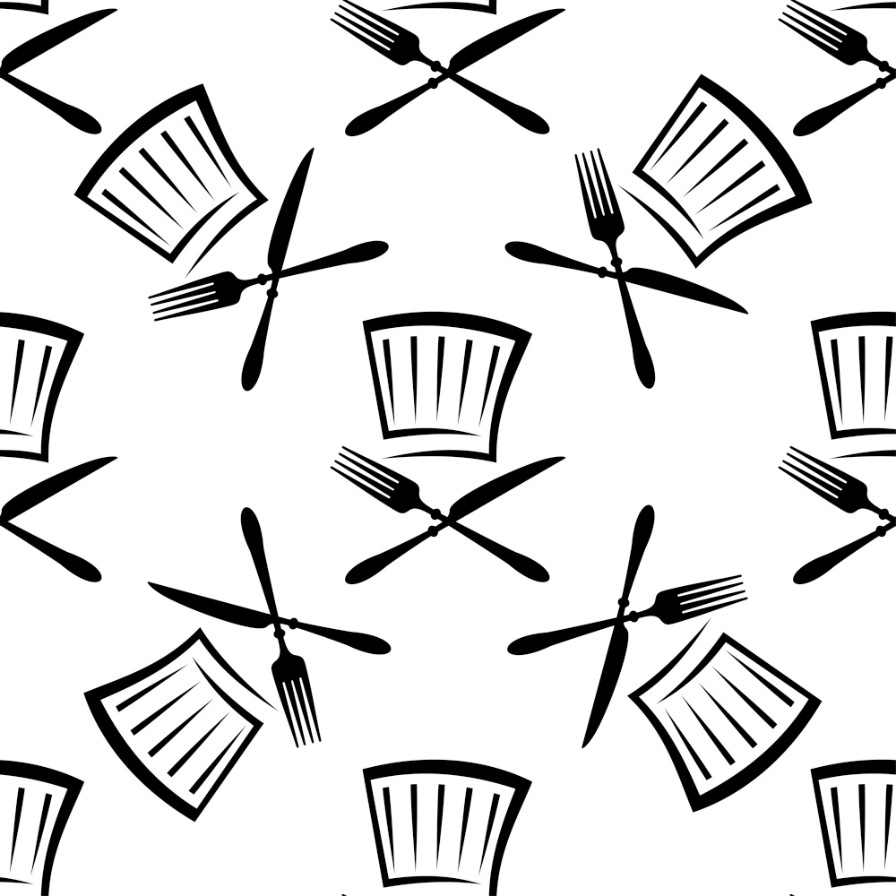 Seamless food and beverage background pattern with a black and white doodle sketch of a crossed knife and fork and empty glass in a scattered repeat motif in square format. Seamless food and beverage background pattern