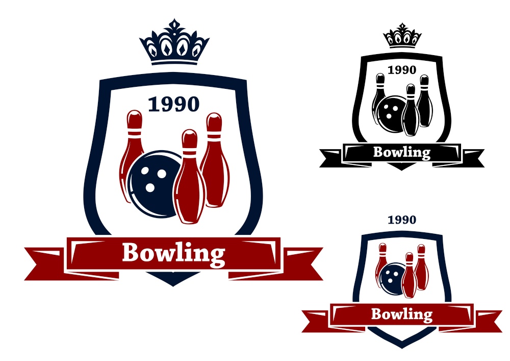Three different bowling badges or emblems with pins and a bowling ball inside a shield with a ribbon banner containing the text - Bowling - two with crowns above, one with a date. Three bowling badges or emblems