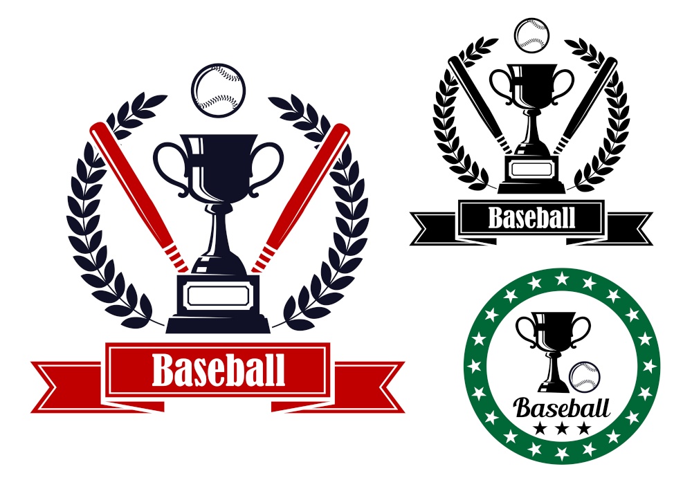 Three baseball badges or emblems, two with bats, a bal and a trophy in a wreath and ribbon banner with text, one in a circular frame and no bats. Three different baseball badges or emblems
