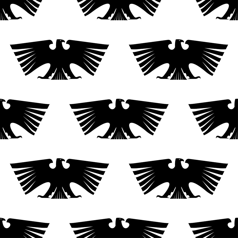 Seamless pattern of black silhouetted imperial eagle with long wing feathers and tail isolated on white for heraldic design. Seamless pattern of Imperial eagle