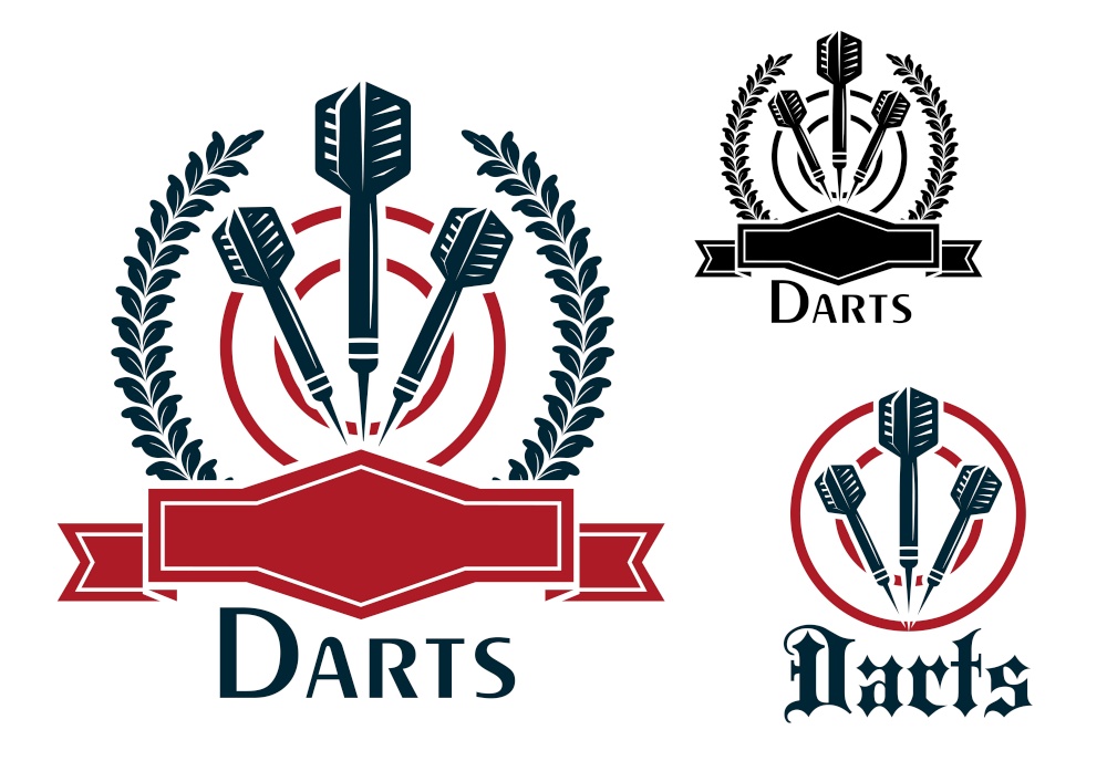 Three Darts sporting emblems or badges with darts on a dart board, two with laurel wreaths and blank ribbon banners and one plain all with text - Darts - below for sport and leisure design. Three different Darts emblems or badges