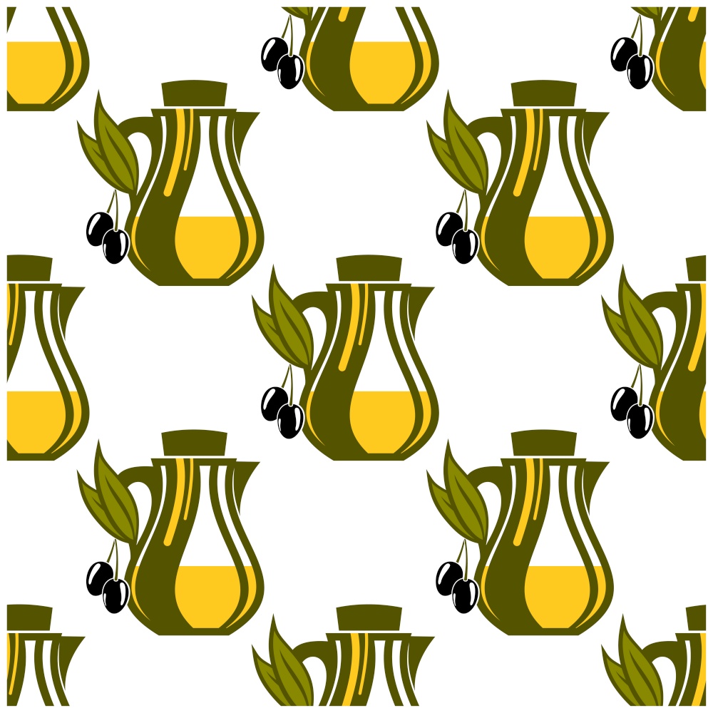 Seamless pattern of olive oil decanters in green and yellow with ripe olives hanging from the handle, repeat motif cartoon vector illustration on white. Seamless pattern of olive oil decanters