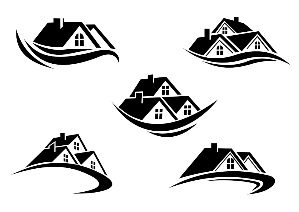 Black and white roof of houses with swoosh is the symbol of real estate business industry design. Set of silhouetted real estate icons