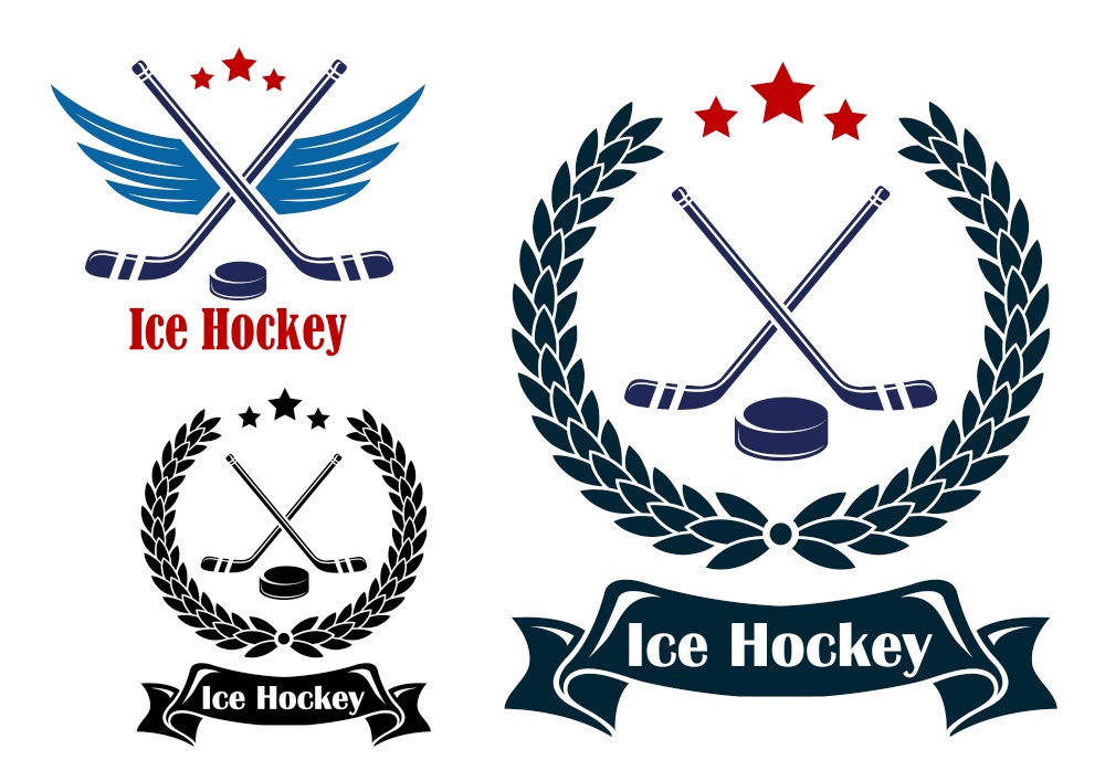 Ice Hockey sports emblems or badges with crossed sticks and a puck, one winged and two enclosed in a laurel wreath with ribbon banner. Three different Ice Hockey emblems