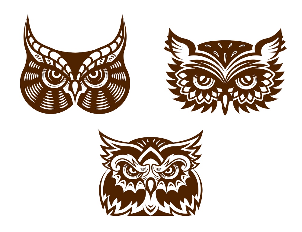 Wise old owl heads with decorative feather detail for tattoo or mascot design. Collection of wise old owl faces