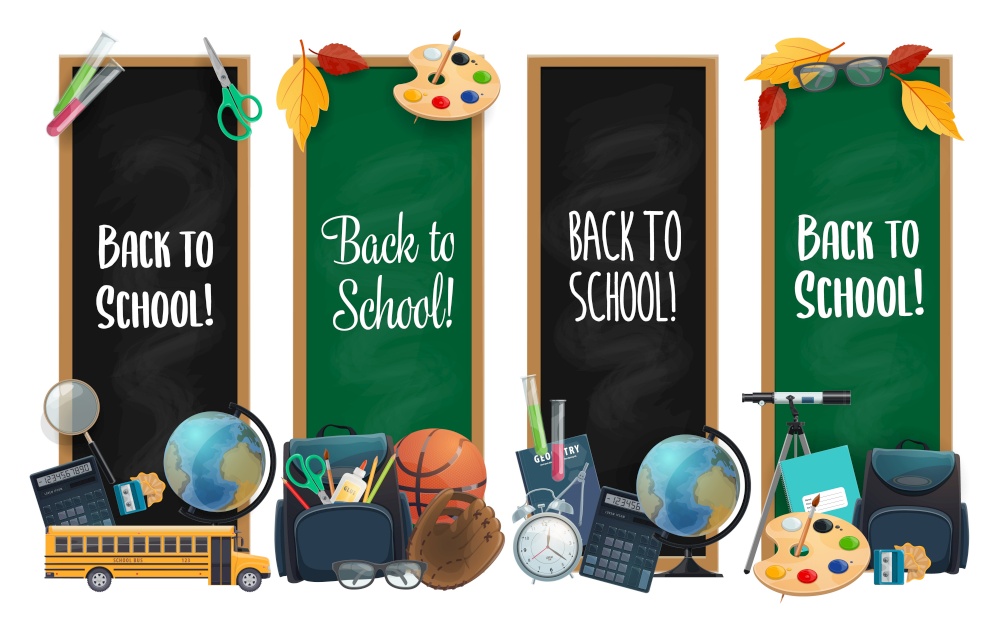 School banners, education chalkboard background, vector pencils and notebooks. Back to school chalk board with student supplies for classes and lessons, school bus, books and geography globe. School banners, back to school education items