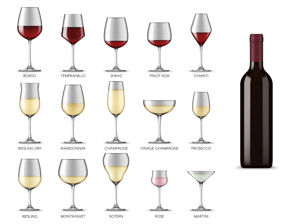 Wine glasses types, white and red wine alcohol drink cups, vector realistic mockup isolated set. Wine glasses shapes and types for Bordeaux, Shiraz, Chardonnay, martini and prosecco wine and champagne. Wine glasses types, white and red wine drink cups