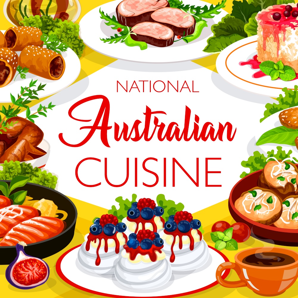 Australian cuisine food menu chicken and fish dish, Australia traditional meals, vector. Australian chicken, fish and drinks buffet of Pavlova pastry, veal meat and crumpled rosemary potatoes. Australian cuisine food menu chicken and fish dish