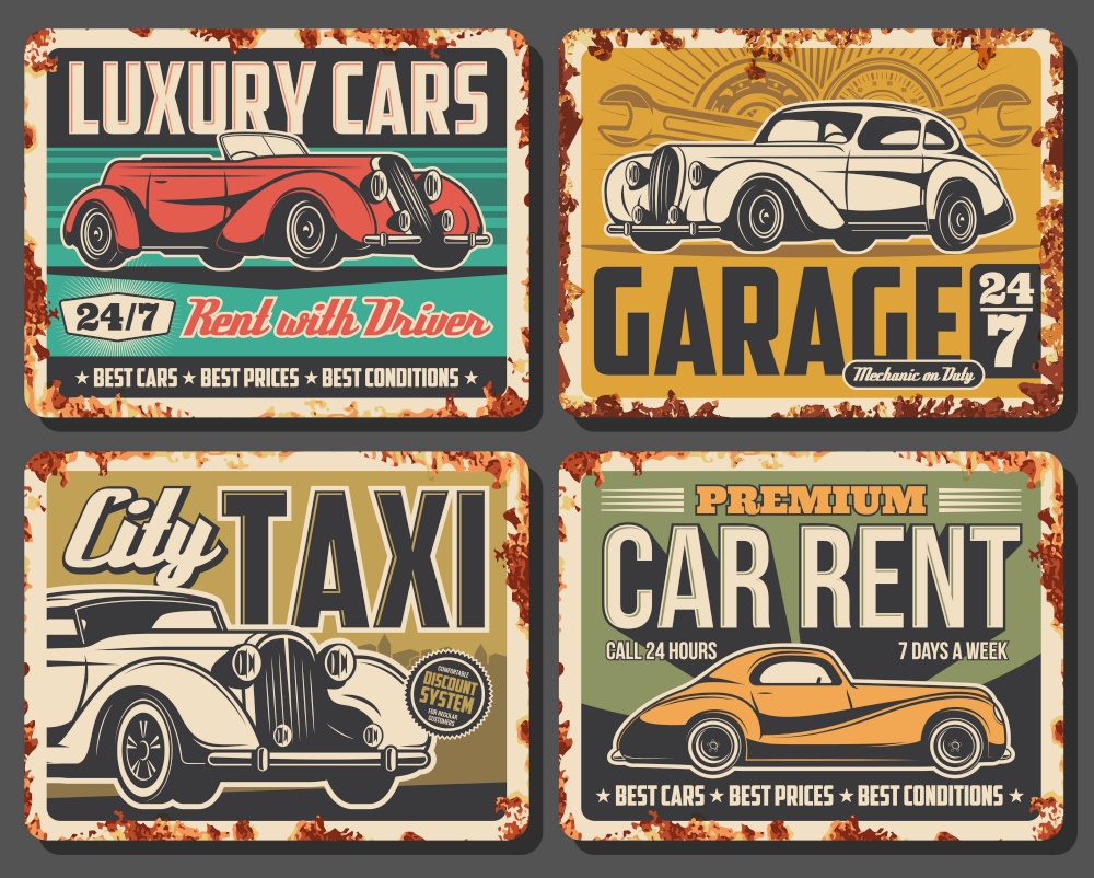 Cars rusty metal plates, retro auto service vector rust tin signs. Mechanic garage and vehicle maintenance station. Automobile repair and luxury premium cars rent, city taxi vintage rust effect cards. Cars rusty metal plates, auto service tin signs