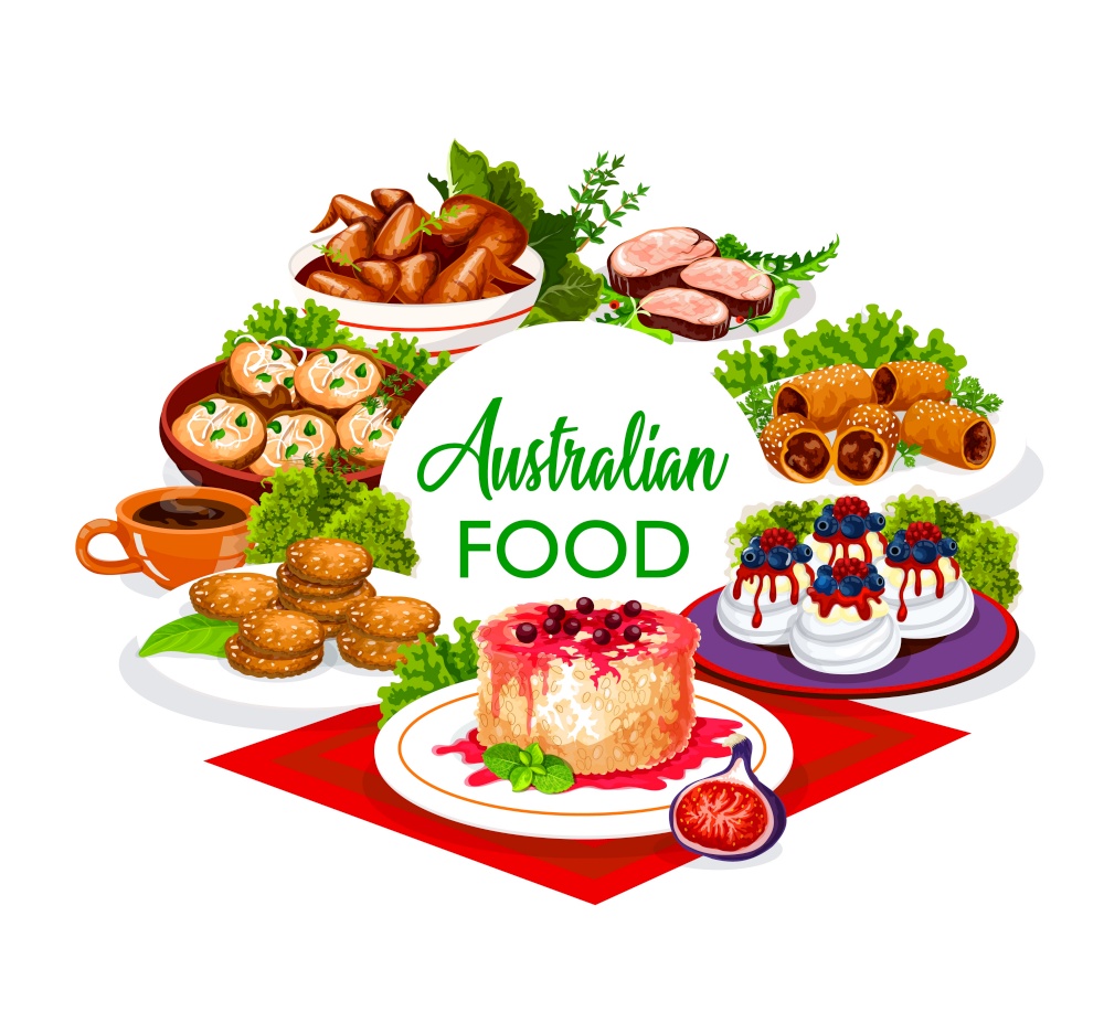 Australian cuisine food, lunch, dinner meals menu, rinks and snacks, vector buffet. Australian veal meat, lamb in puff pastry, barbecue chicken wings, Pavlova cakes and Anzac cookies. Australian cuisine food, lunch, dinner meals menu