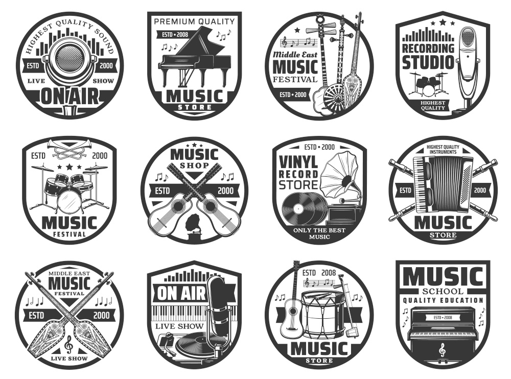 Musical instruments and sound records icons, music vinyl store and studio vector labels. Music instruments shop, on air radio microphone, music school, live concert show and folk music festival. Musical instruments sound record icons