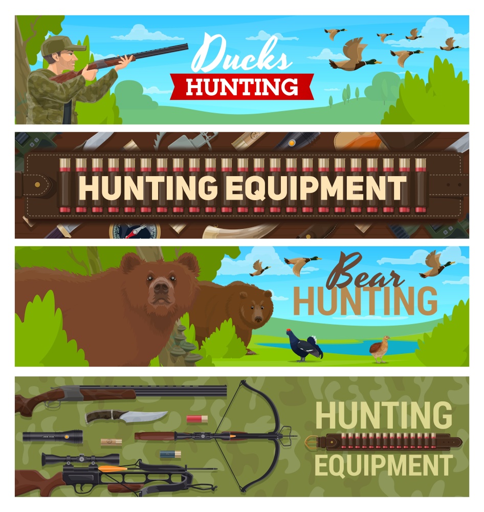 Hunting sport items and equipment, hunter with rifle ammunition on hunt for forest birds and animals. Hunting for ducks and wild bear, binoculars, bandoleer bullet cartridge belt and crossbow. Hunting sport items equipment, hunter with rifle