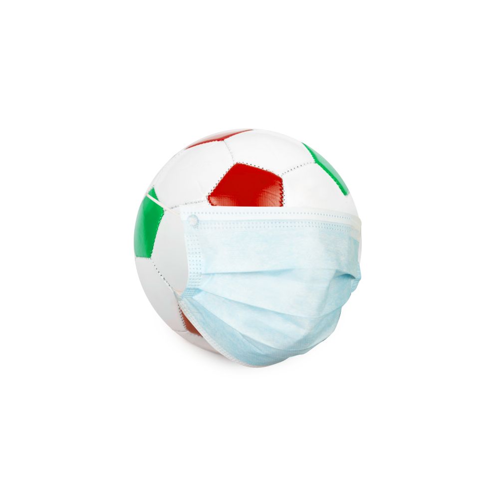 Soccer ball in italian colors with mask isolated on a white background. Virus threatened championship concept. Virus in footbal