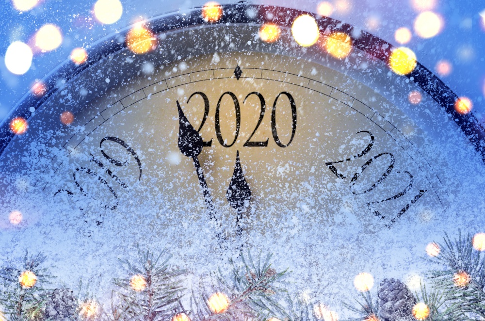 Countdown to midnight. Retro style clock counting last moments before Christmass or New Year 2020.. Countdown to midnight
