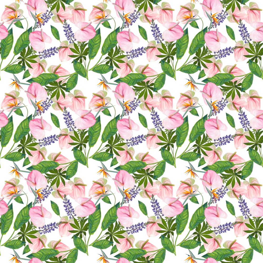 seamless pattern with flowers and leaves on white background. Endless texture for your design.