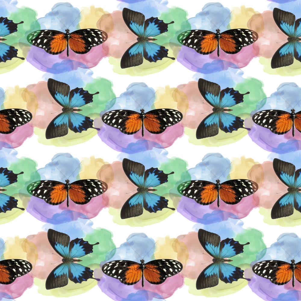 seamless pattern with butterflies on watercolor background. Endless design.