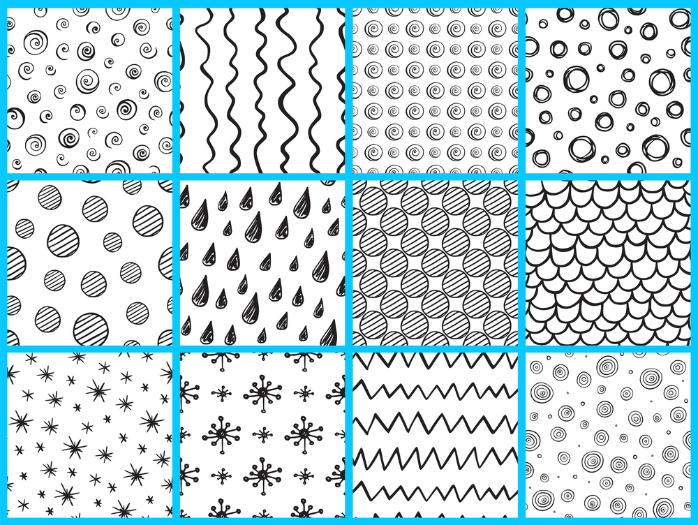 Set of abstract black and white doodle seamless patterns. Hand drawn vector backgrounds.