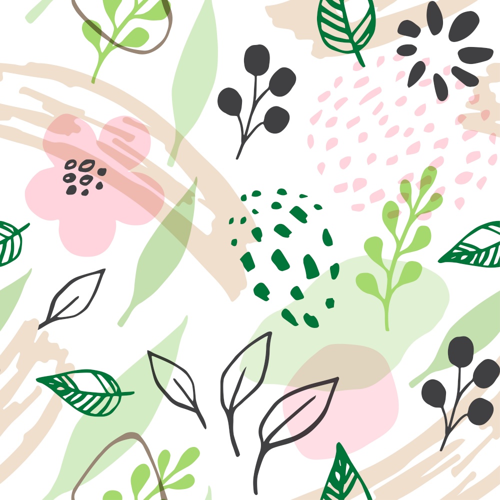 Abstract spring seamless pattern with pink flowers and green leaves. Vector background