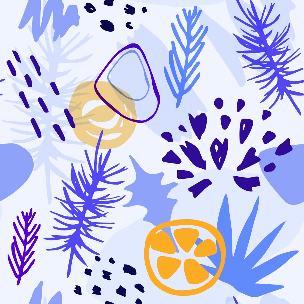 Abstract blue winter seamless pattern with pine branch and citrus fruit. Decorative seasonal vector background