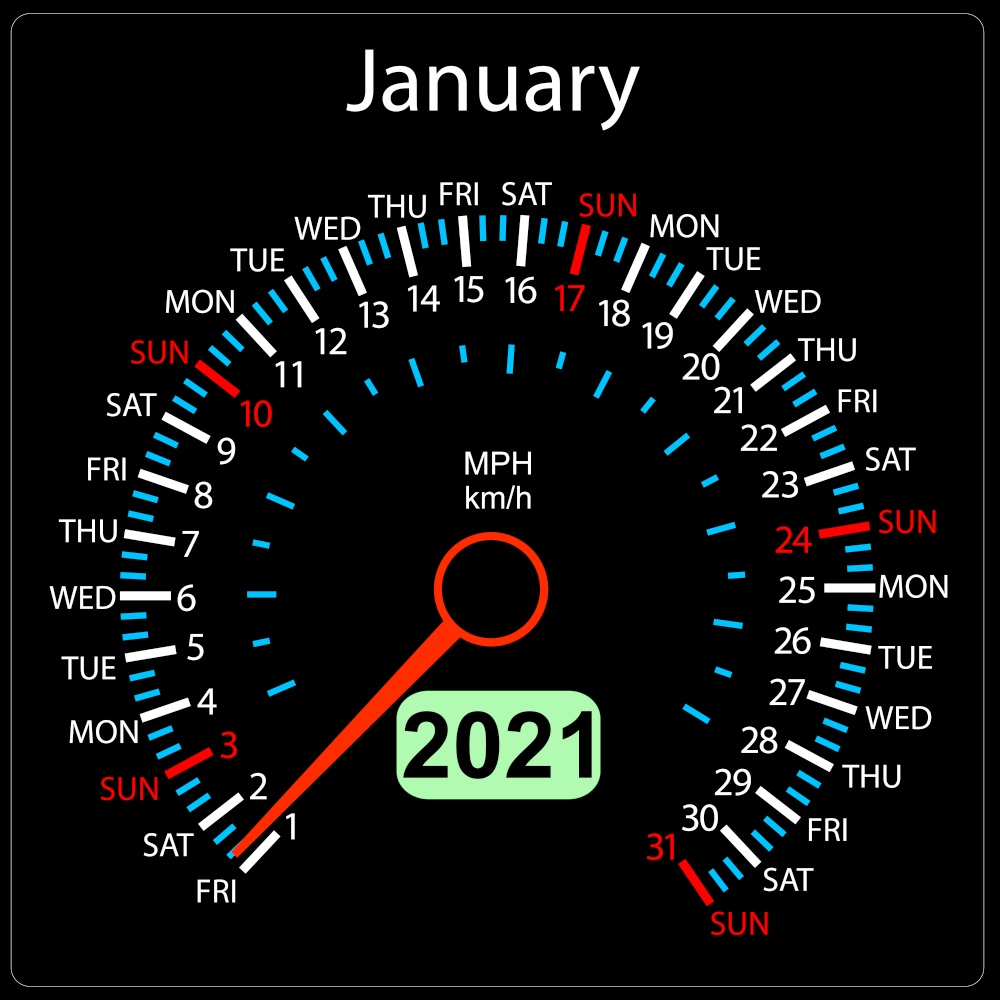 The 2021 year calendar speedometer a car January.. The 2021 year calendar speedometer car January