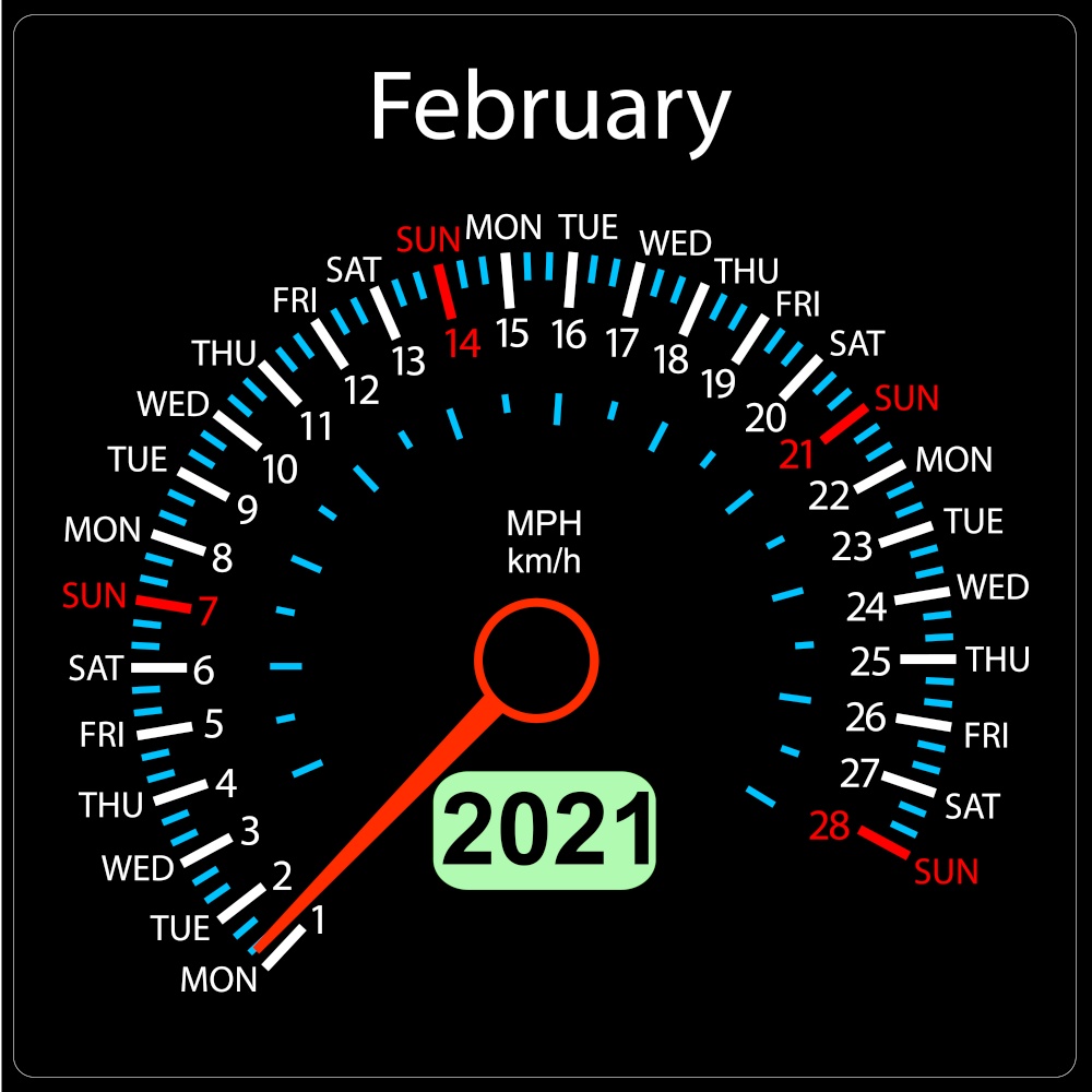 The 2021 year calendar speedometer a car February.. The 2021 year calendar speedometer car February