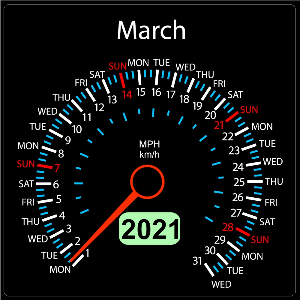 The 2021 year calendar speedometer a car March.. The 2021 year calendar speedometer car March.